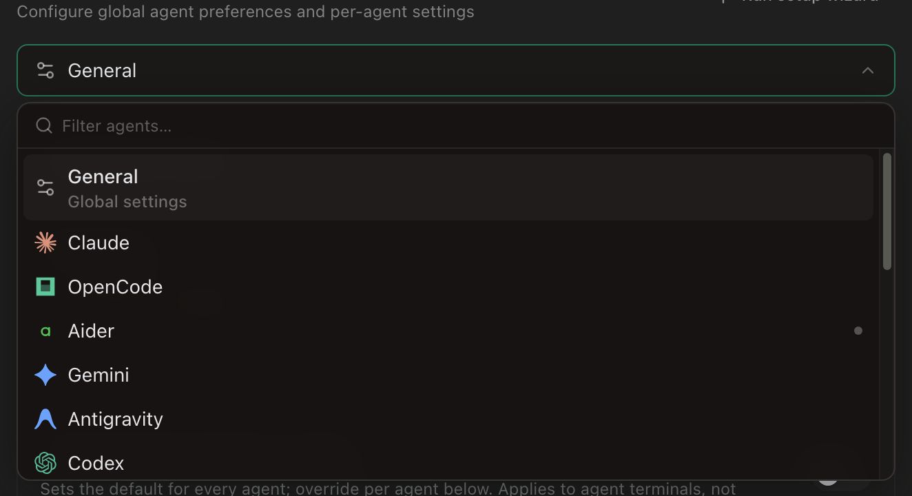 The agent picker in Settings, open. Its trigger reads General, and the list below holds a ‘Filter agents…’ field, then General — Global settings, highlighted — followed by Claude, OpenCode, Aider, Gemini, Antigravity and Codex, each with its brand mark. One muted dot sits at the right end of the Aider row, marking an agent that is not in the workflow; no other row carries an indicator.