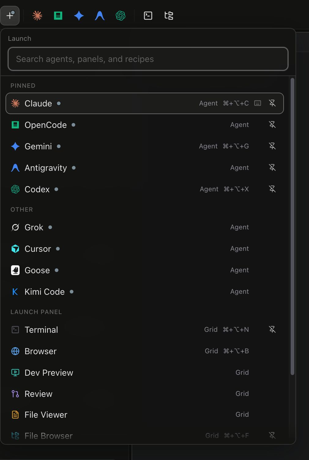 The searchable launcher open from the toolbar, showing the Recently launched, Pinned and Other bands with pin buttons and running-state dots