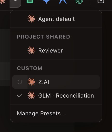 The Claude button's preset dropdown, hanging off the toolbar. Agent default sits at the top, then a Project Shared group holding Reviewer, then a Custom group holding Z.AI and GLM · Reconciliation, then Manage Presets…. A checkmark in the narrow left gutter marks GLM · Reconciliation as the effective preset, which here is the agent-level default because no worktree override is set. The Z.AI row above it is hovered: an empty circle has appeared in the same gutter, set apart from the icon and label beside it.