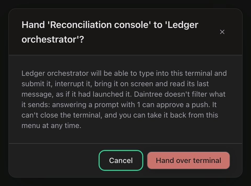 Hand Reconciliation console to Ledger orchestrator confirmation. The dialog explains that the orchestrator can type and submit, interrupt, bring the terminal on screen and read its last message. Daintree does not filter what it sends; it cannot close the terminal, and you can take it back from the menu. Cancel and Hand over terminal are visible.