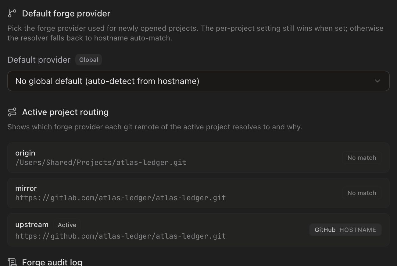 The Code Forge tab on its General subtab. Default provider, marked Global, reads ‘No global default (auto-detect from hostname)’. Below it, Active project routing lists three remotes of atlas-ledger: origin, a local path, and mirror, a gitlab.com URL, both badged No match, then upstream, marked Active, a github.com URL badged GitHub Hostname. The Forge audit log section starts underneath.