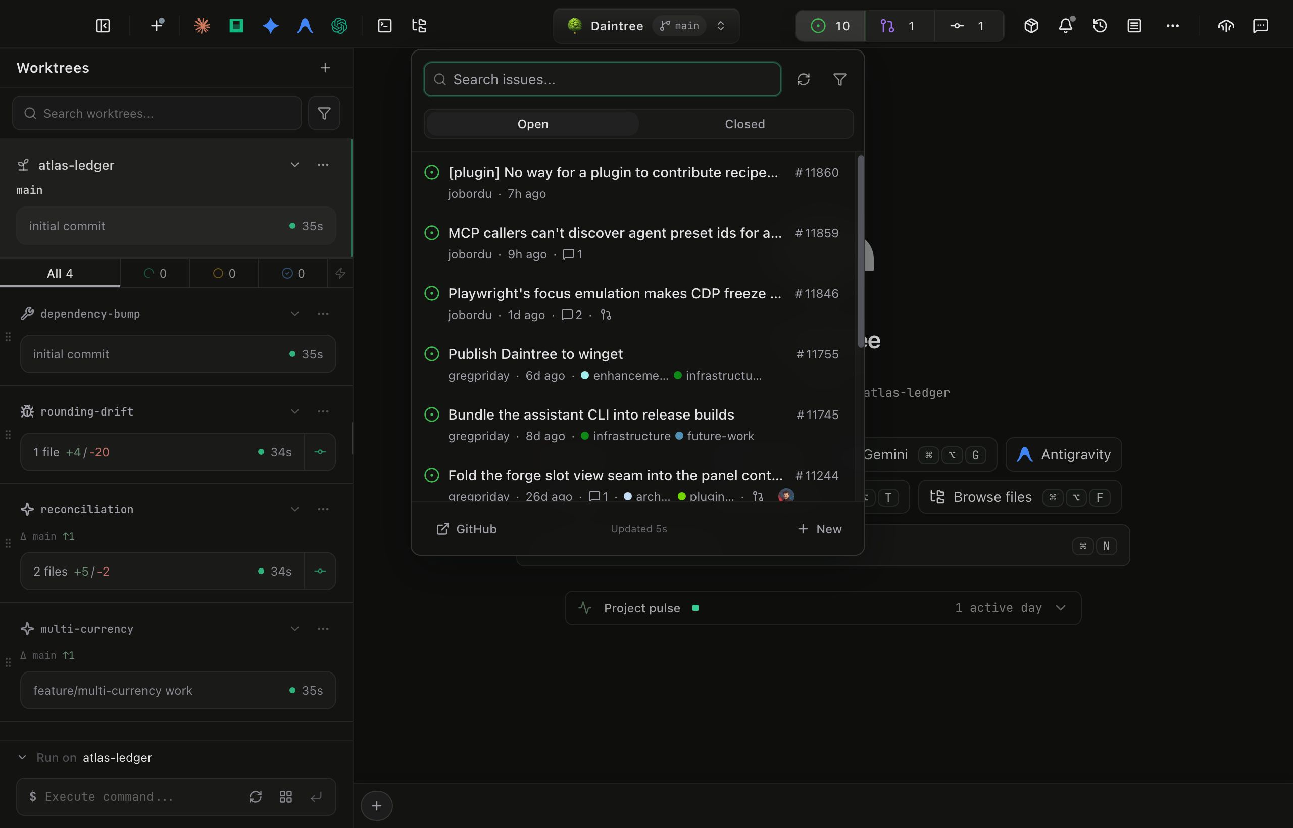 The issues dropdown hanging off the toolbar's issue count, which reads 10. Inside: a focused Search issues field with refresh and filter buttons beside it, Open and Closed state tabs with Open active, then issue rows in two lines each: a state icon, the title, and a hash-number badge on the first line; the author, a relative time, any labels and a comment count on the second. A footer carries a GitHub link, an Updated 5s line, and New.
