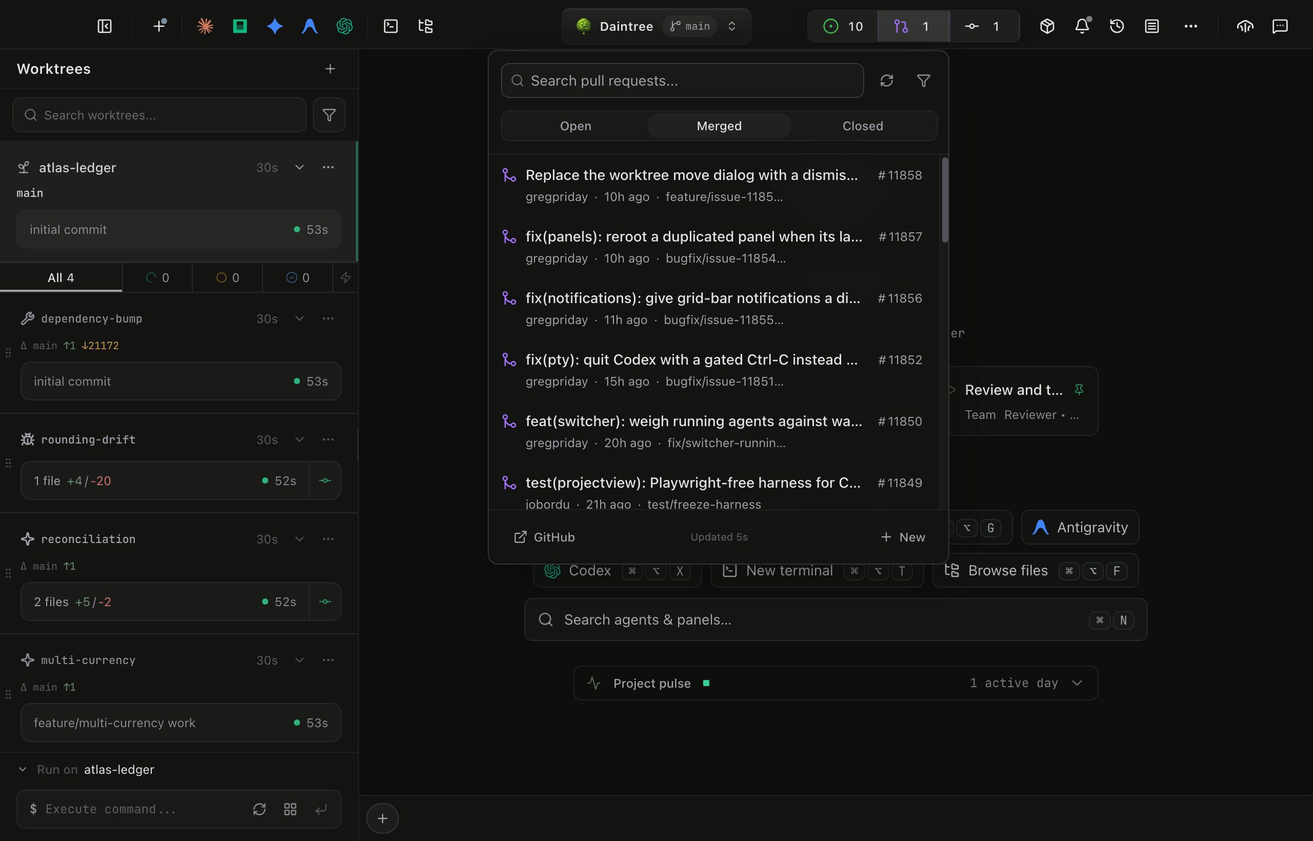 The pull requests dropdown open from the toolbar's PR count. A Search pull requests field sits above Open, Merged and Closed state tabs with Merged selected. Each row shows a branching icon, the PR title and its hash number on the first line, and the author, a relative time and the head branch name on the second. A footer carries a GitHub link, an Updated line, and New.