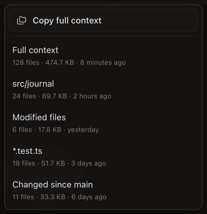 The Copy context dropdown open below its toolbar button. A framed ‘Copy full context’ row sits above five recent copies: Full context (128 files · 474.7 KB · 8 minutes ago), src/journal (24 files · 69.7 KB · 2 hours ago), Modified files (6 files · 17.8 KB · yesterday), *.test.ts (19 files · 51.7 KB · 3 days ago) and Changed since main (11 files · 33.3 KB · 6 days ago).