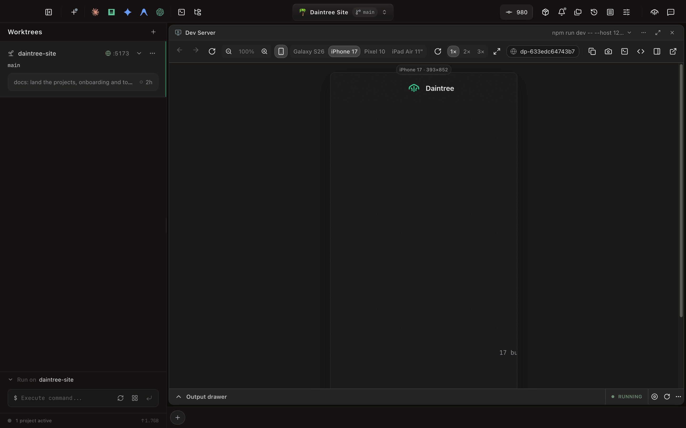 A Dev Preview panel with device emulation on. The toolbar shows the viewport toggle pressed, then the preset chips Galaxy S26, iPhone 17, Pixel 10 and iPad Air 11" with iPhone 17 selected, a reload button, the 1×/2×/3× DPR selector on 1×, and zoom to fit; the address bar is squeezed down to the start of the proxy hostname. The pane below holds a centered, rounded device frame labeled ‘iPhone 17 · 393×852’ showing the Daintree site’s narrow-viewport header, the rest of the page still blank. The Output drawer is collapsed, with a green RUNNING dot.
