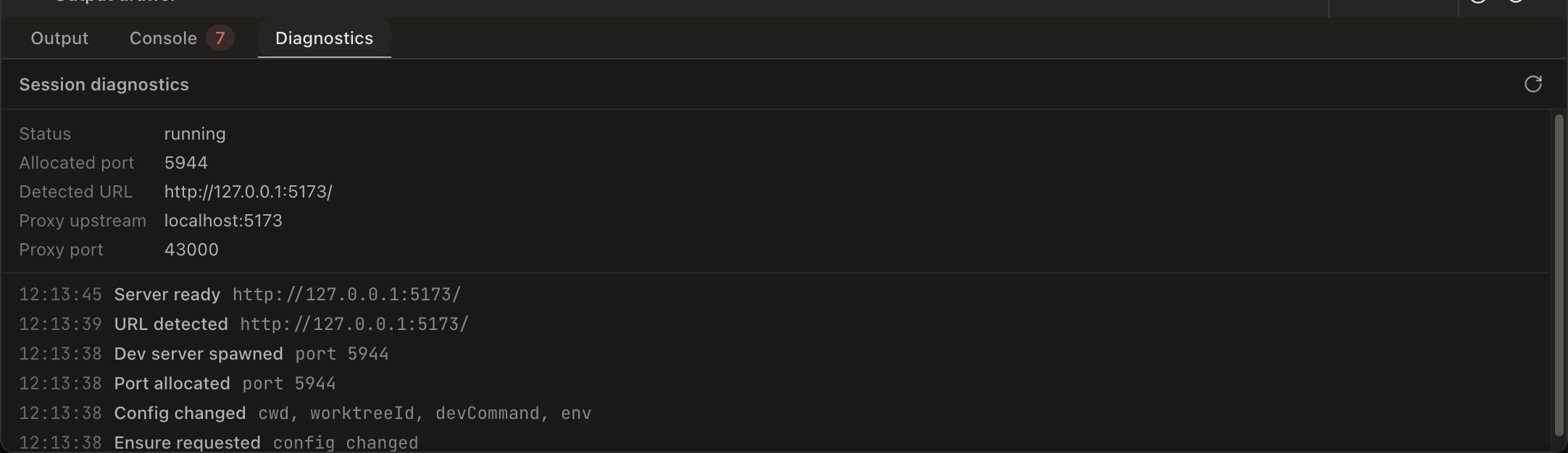 The Dev Preview drawer expanded on the Diagnostics tab, alongside Output and a Console tab badged with 7. The header carries a green RUNNING dot with the stop and restart controls. A Session diagnostics summary lists Status running, Allocated port 7328, Detected URL http://127.0.0.1:5173/, Proxy upstream localhost:5173 and Proxy port 43000. Below it the timeline runs newest first: Server ready, URL detected, Dev server spawned, Port allocated, Config changed with cwd, worktreeId, devCommand and env, then Ensure requested — each stamped to the second.