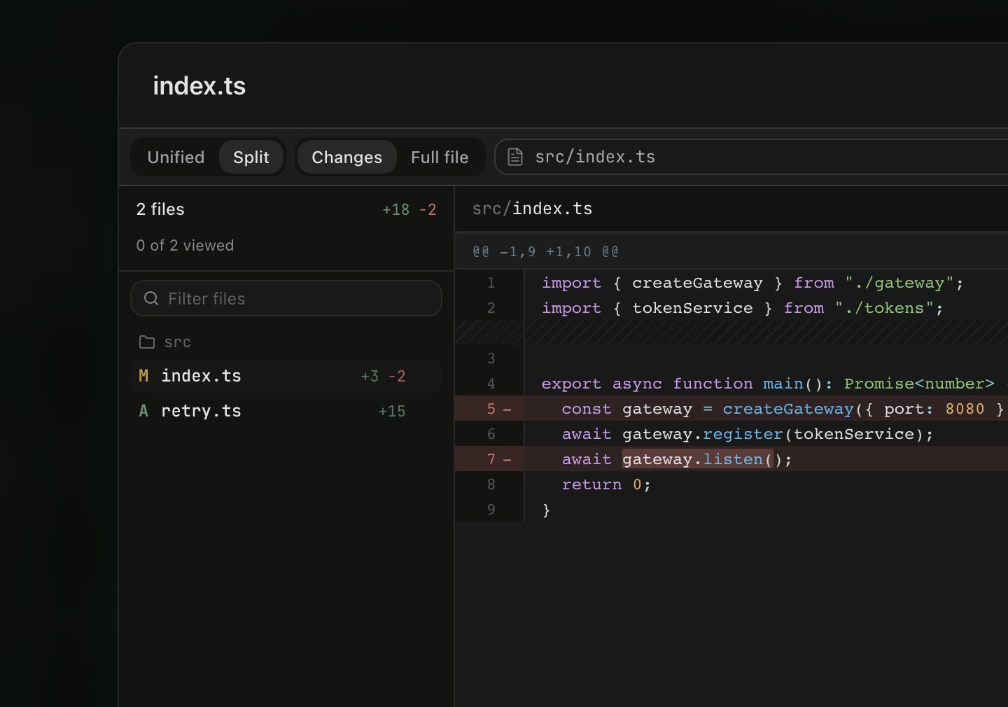 The diff workspace with a changed-files sidebar on the left showing per-file plus and minus counts and a review-progress line, a split diff on the right, and a footer with previous/next file controls and a Viewed toggle