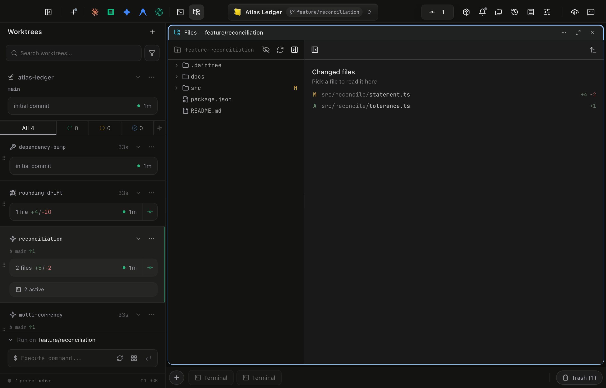 The File Browser open as a grid panel titled Files for feature/reconciliation. The tree on the left lists .daintree, docs, src, package.json and README.md, with an amber M marker on the src folder carrying the change up from its children. The tree header shows the hide-dotfiles, refresh and toggle-viewer buttons. With no file selected, the right pane shows the Changed files empty state (pick a file to read it here) over src/reconcile/statement.ts marked M with +4 -2 and src/reconcile/tolerance.ts marked A with +1.