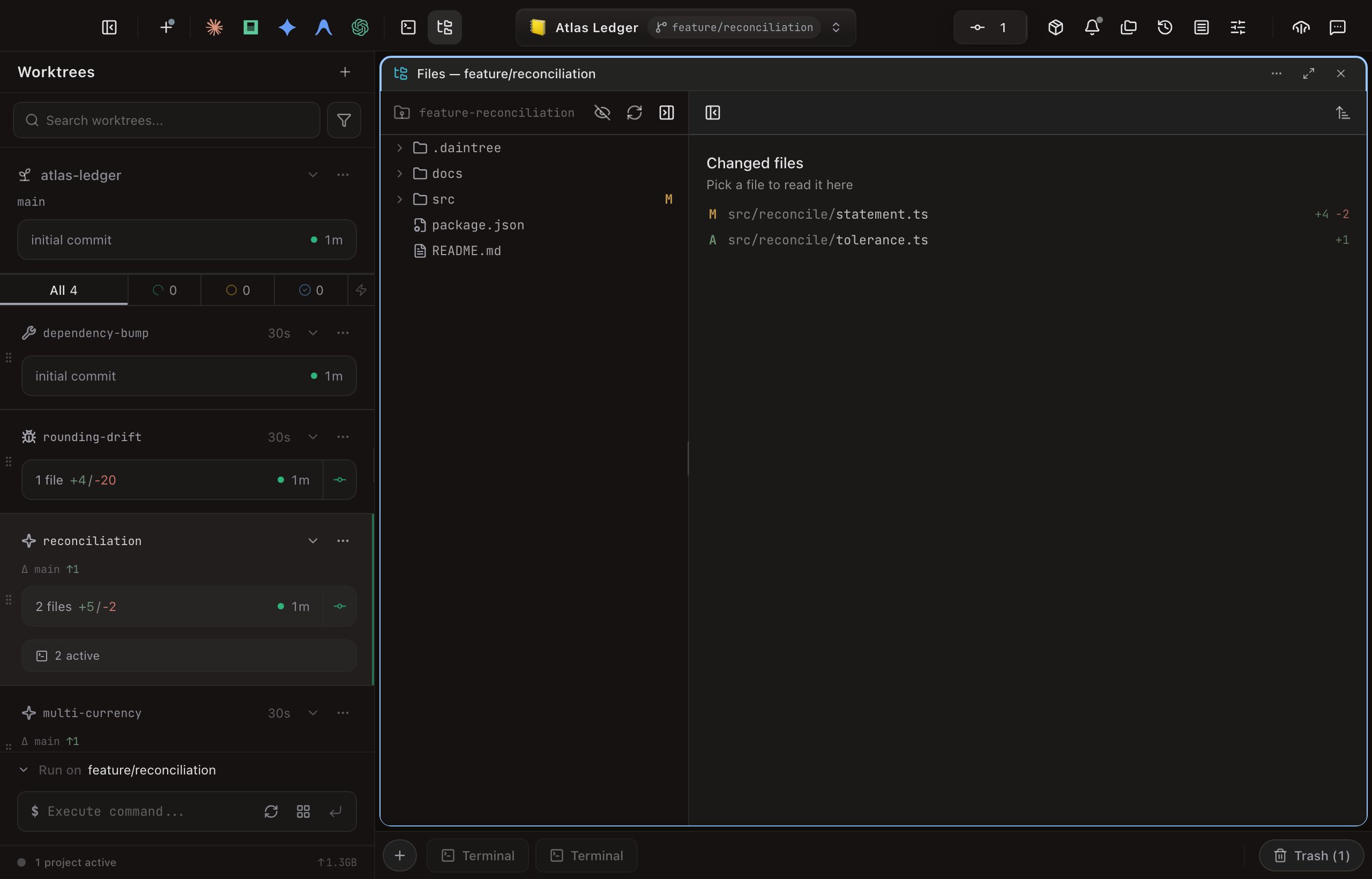 The File Browser open as a grid panel titled Files for feature/reconciliation. The tree on the left lists .daintree, docs, src, package.json and README.md, with an amber M marker on the src folder carrying the change up from its children. The tree header shows the hide-dotfiles, refresh and toggle-viewer buttons. With no file selected, the right pane shows the Changed files empty state (pick a file to read it here) over src/reconcile/statement.ts marked M with +4 -2 and src/reconcile/tolerance.ts marked A with +1.