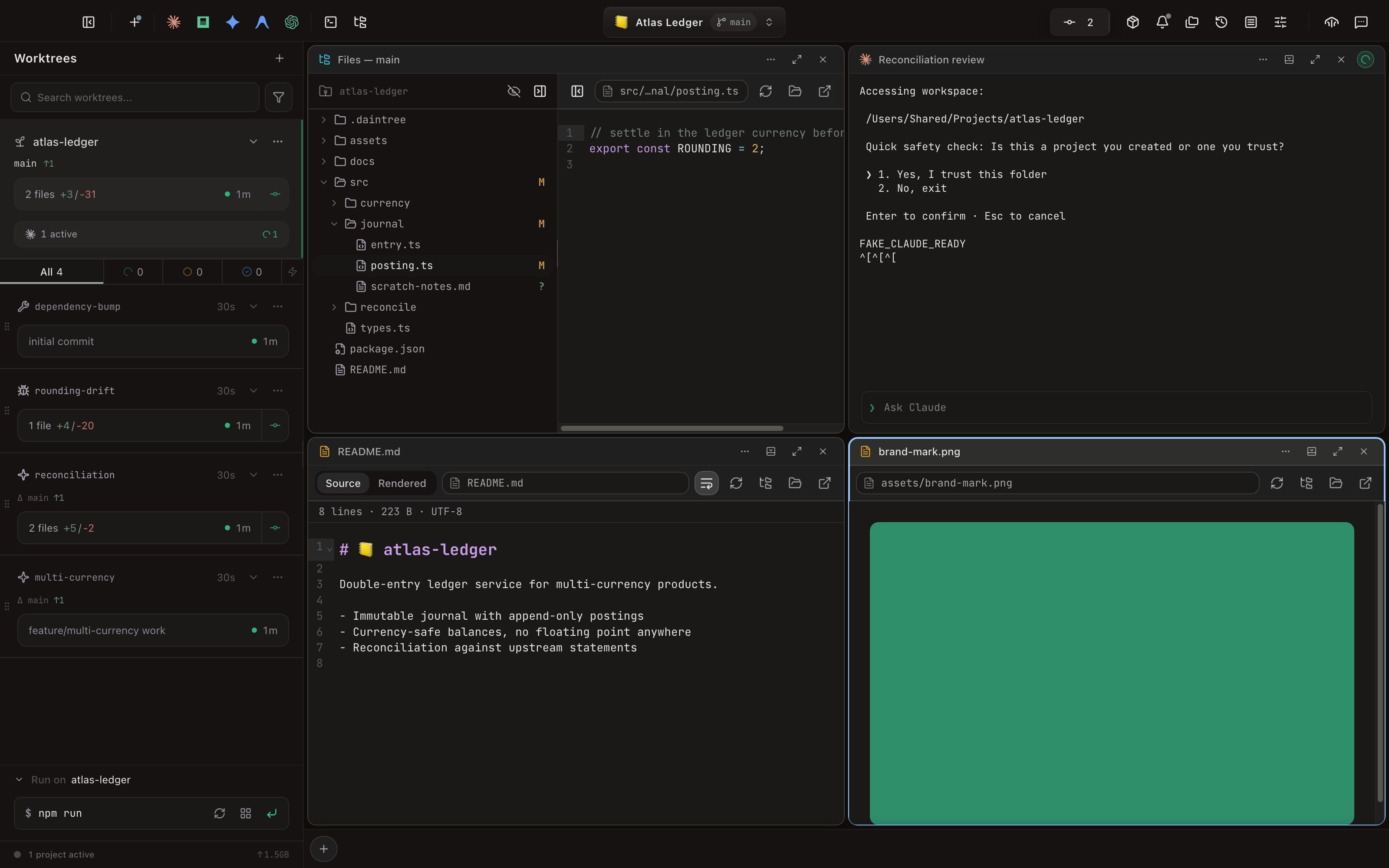 The full Daintree window with two File Viewer panels promoted into the grid. Bottom left, a panel titled README.md sits in Source mode: its toolbar carries a Source / Rendered toggle, a README.md path pill and the wrap, refresh, show-in-file-browser, reveal and open-in-editor buttons, above a line reading 8 lines · 223 B · UTF-8 and the file's eight numbered lines of Markdown. Bottom right, a focused panel titled brand-mark.png shows the image itself, a solid green mark, under an assets/brand-mark.png path pill and with no view-mode toggle. Above them the Files — main File Browser lists the atlas-ledger tree beside a preview of posting.ts, and a Reconciliation review agent terminal waits on a trust prompt; the worktrees sidebar runs down the left.