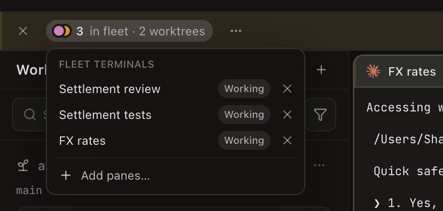 The count chip popover open below the ribbon, headed “Fleet terminals”. Three rows — Settlement review, Settlement tests and FX rates — each carry the terminal title, a Working badge and a disarm X. An “Add panes…” button sits below them.