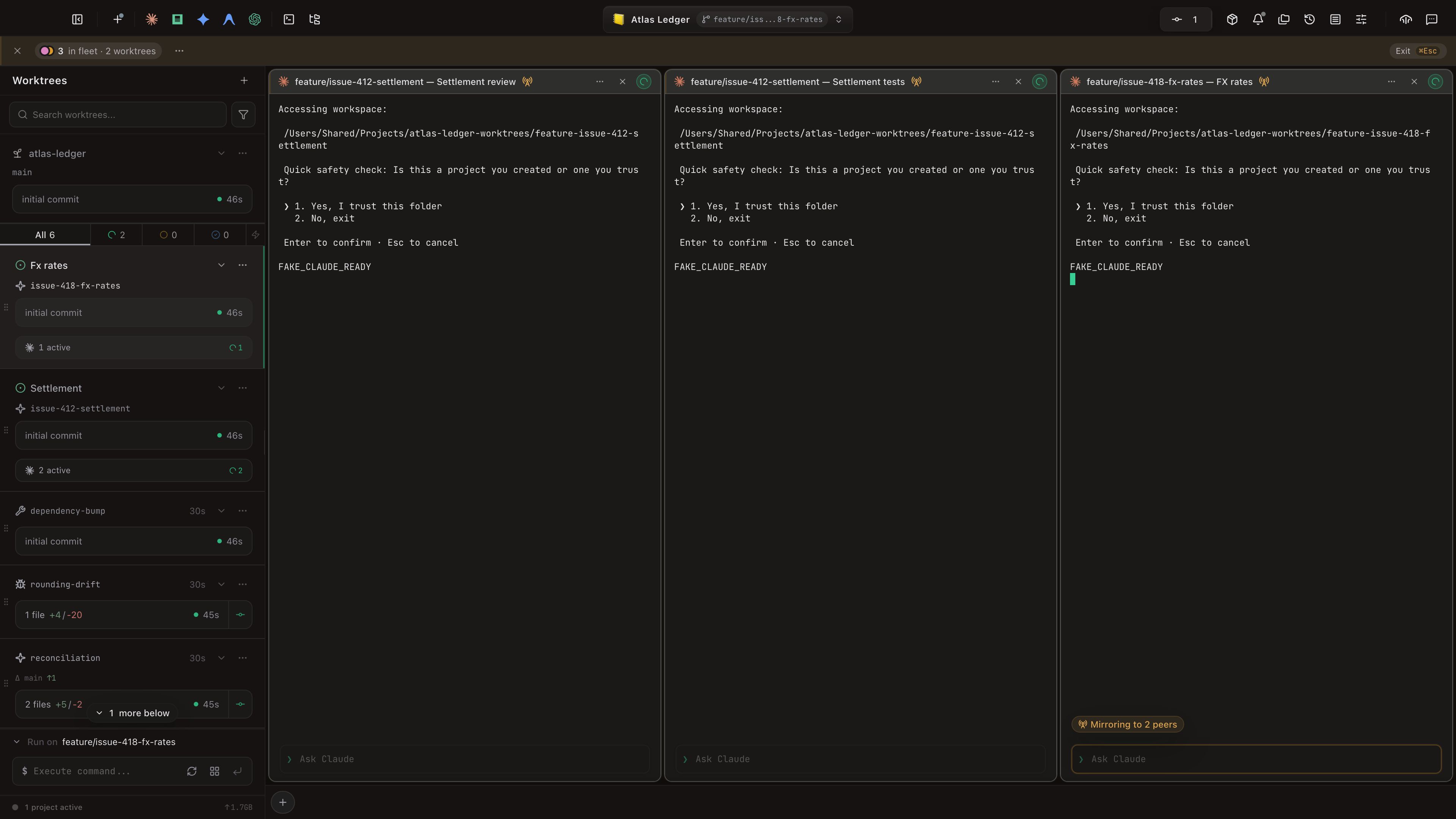 The content grid in fleet scope. Three armed terminals sit side by side, each title prefixed with its worktree: feature/issue-412-settlement — Settlement review, feature/issue-412-settlement — Settlement tests, and feature/issue-418-fx-rates — FX rates. The amber ribbon above reads “3 in fleet · 2 worktrees”, the worktree sidebar is still on the left, and the rightmost pane is the primary: its input bar is rimmed amber under a “Mirroring to 2 peers” pill.