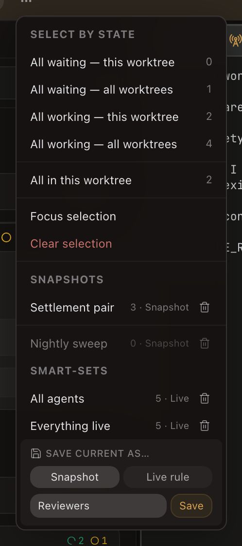 The ribbon's selection menu. Under Select by state the five presets carry live counts: All waiting — this worktree (0), All waiting — all worktrees (1), All working — this worktree (2), All working — all worktrees (4), and All in this worktree (2). Below them are Focus selection and a red Clear selection. Snapshots holds “Settlement pair, 3 · Snapshot” and, under a rule, a dimmed “Nightly sweep, 0 · Snapshot”. Smart-Sets holds “All agents, 5 · Live” and “Everything live, 5 · Live”. Every saved row carries a trash button; Nightly sweep is dimmed because none of the panes it stored still exists. The Save current as… form at the bottom shows a Snapshot / Live rule toggle with Snapshot active, a name field reading Reviewers, and a Save button.