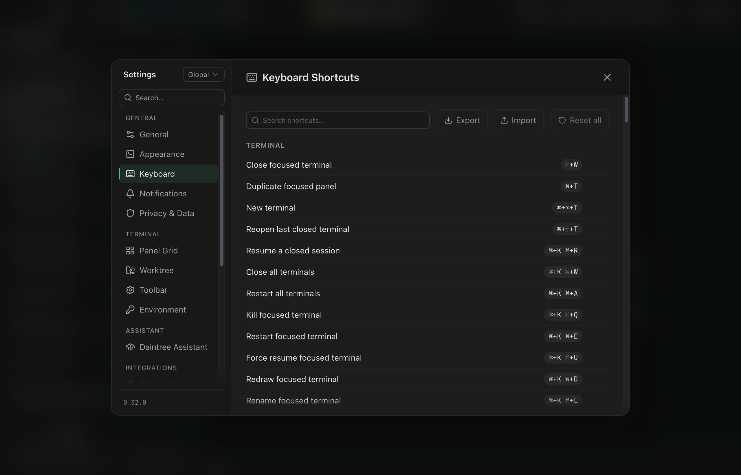 The Keyboard tab in Settings. A Search shortcuts field sits beside Export, Import and Reset all. Below it the Terminal group lists its actions with their combos as pills on the right: Close focused terminal at Cmd+W, New terminal at Cmd+Alt+T, and a run of Cmd+K chords: Resume a closed session at Cmd+K Cmd+R, Close all terminals at Cmd+K Cmd+W, Restart all terminals at Cmd+K Cmd+A, and so on down to Rename focused terminal.