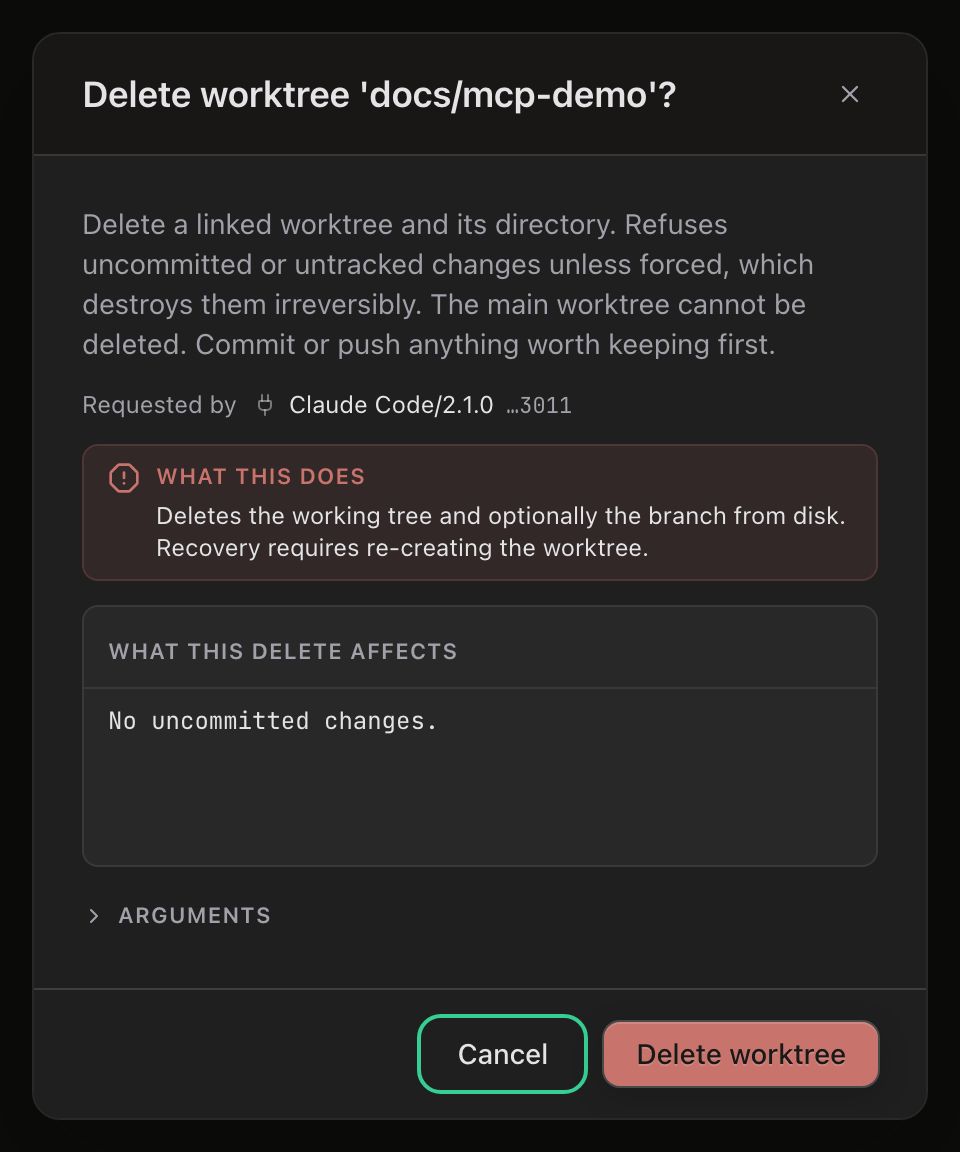 Delete worktree docs/mcp-demo confirmation requested by Claude Code/2.1.0, with a shortened caller-token suffix. What this does explains deletion and recovery, and What this delete affects says No uncommitted changes. Arguments is collapsed. Cancel is focused beside the Delete worktree button.