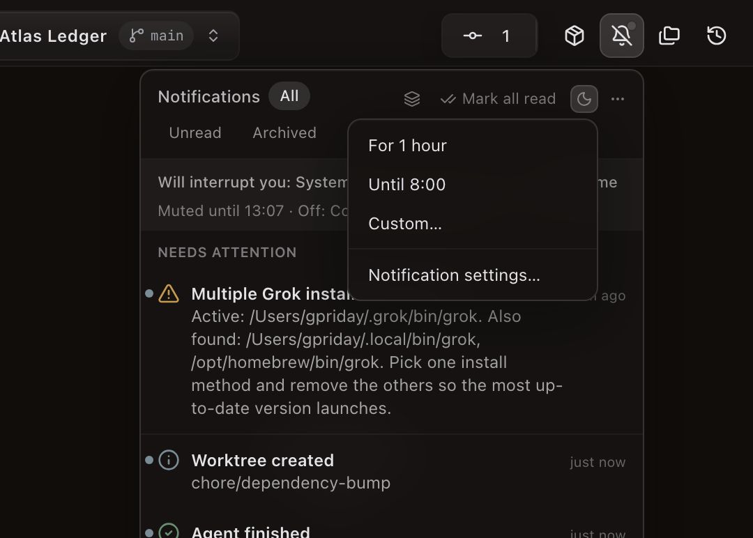 The notification inbox open with the Pause notifications menu covering the right of its header. The hero line reads ‘Will interrupt you: System’ and the line under it ‘Muted until 10:06 · Off: Co…’, with the tail of the Resume button showing past the menu’s edge. The menu offers For 1 hour, Until 8:00 and Custom…, then Notification settings… below a separator. The toolbar bell above the drawer is struck through, and a NEEDS ATTENTION list runs below the header.
