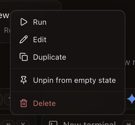 A right-click menu over the empty panel grid, rendering the launcher inventory as menu items: a Pinned band of Claude, OpenCode, Gemini, Antigravity and Codex with their brand marks, an Other band of further agents, a Launch panel band holding Terminal, Browser, Dev Preview, Review, File Viewer and File Browser, a Launch recipe band with Create a recipe, then Grid Layout with a submenu arrow and Terminal Settings.