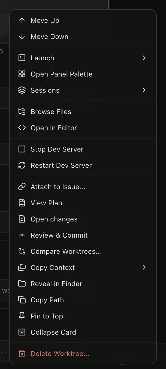 A sidebar worktree card with its right-click context menu open, showing the Launch and Sessions submenus, Review and Commit, Copy Context, and the red Delete Worktree item at the bottom