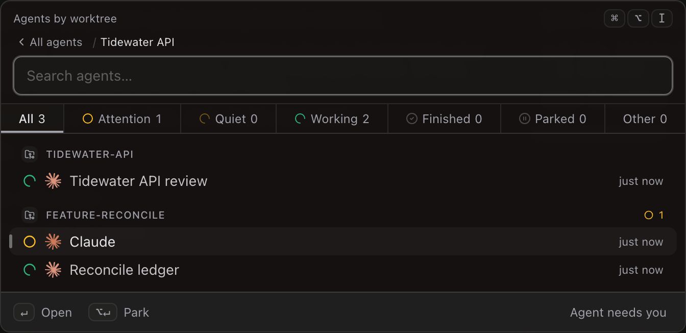 The same palette scoped to one project. Its header reads ‘Agents by worktree’ with a Command-Option-I key chip at the right, and a breadcrumb below it reads ‘All agents / Tidewater API’, the first part carrying a back chevron. The filter row again reads All 3, Attention 1, Quiet 0, Working 2, Finished 0, Parked 0, Other 0. Two worktree groups follow, each headed by a worktree glyph: TIDEWATER-API, holding a green spinner run called Tidewater API review; and FEATURE-RECONCILE, its header carrying an amber chip reading 1, holding an amber hollow-circle run called Claude and a green spinner run called Reconcile ledger. Every row is aged ‘just now’. The footer shows the Open and Park hints and ‘Agent needs you’.