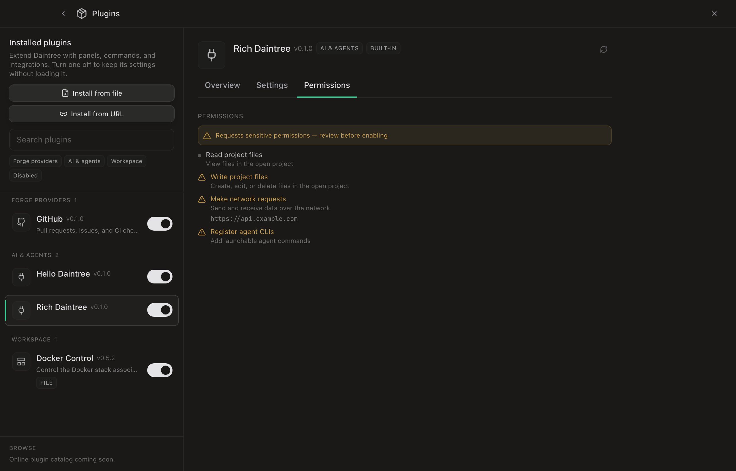 The Plugin Manager with Rich Daintree v0.1.0 selected in the installed list, its row highlighted under AI & agents alongside Hello Daintree, with GitHub under Forge providers and Docker Control under Workspace. The detail pane header carries the plugin name, version, an AI & agents chip, a Built-in chip and a check-for-update button, over a three-tab bar reading Overview, Settings and Permissions with Permissions active. The Permissions tab warns ‘Requests sensitive permissions — review before enabling’ above four entries: Read project files, marked with a neutral grey dot, then Write project files, Make network requests (scoped to https://api.example.com) and Register agent CLIs, each flagged with an amber warning triangle.