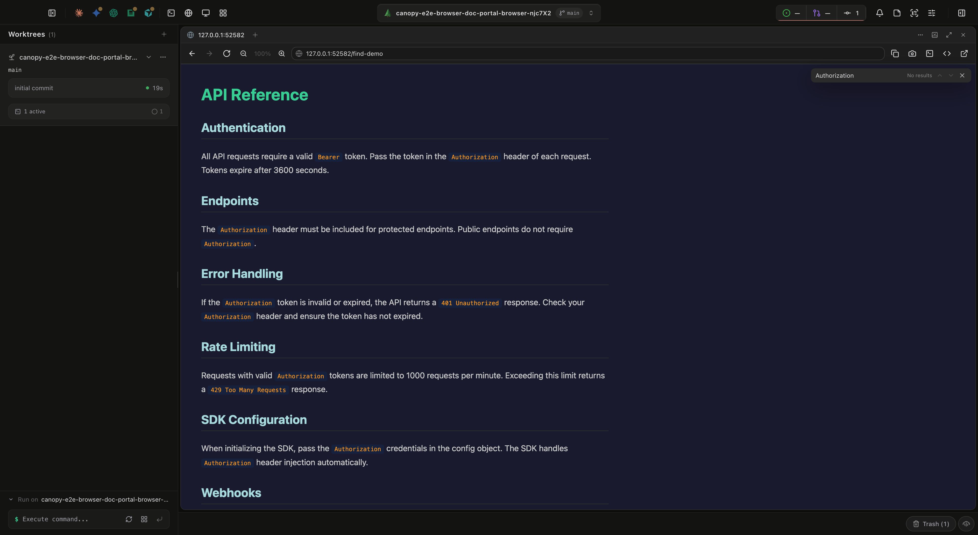 The find bar overlaid on the top-right of a Browser panel webview, showing the search input, match counter and navigation buttons