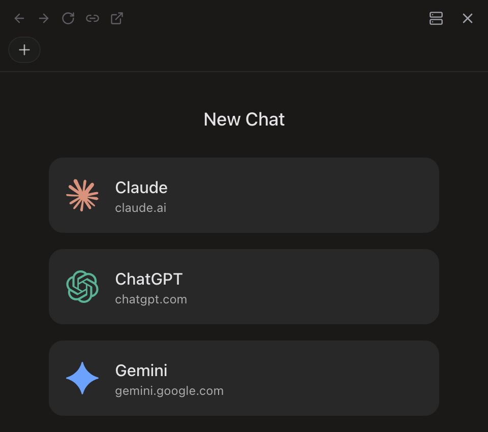 The Portal sidebar with no tabs open, cropped out of the window. Its toolbar carries back, forward, reload, copy-link and open-externally buttons on the left, and the dev-server dashboard toggle and close button on the right, with a round + new tab button on the row below. The rest of the sidebar is the New Chat launchpad: a centered New Chat heading over three full-width rows, Claude above claude.ai, ChatGPT above chatgpt.com and Gemini above gemini.google.com, each with its service icon and nothing but empty sidebar beneath them.