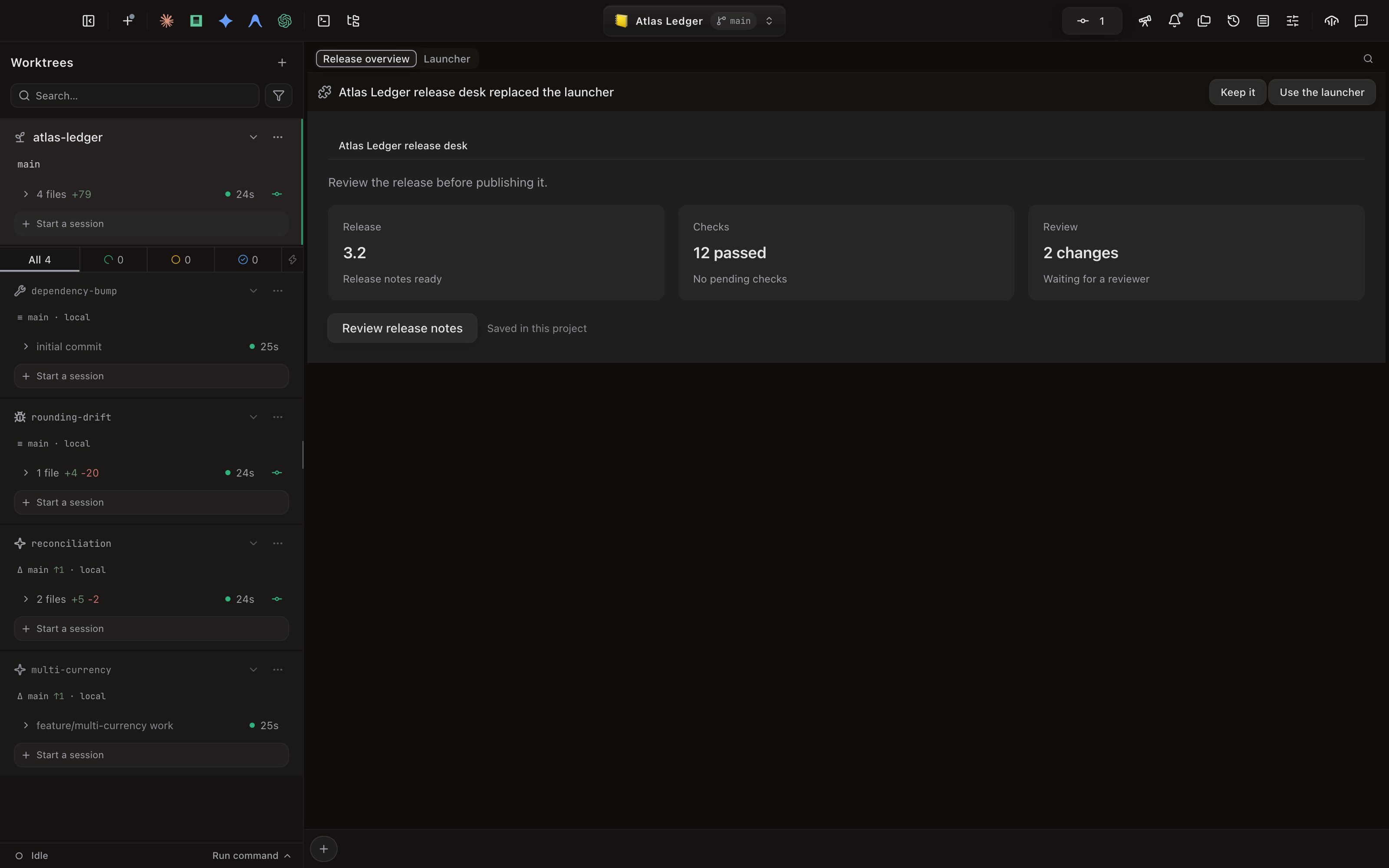 The Atlas Ledger release desk fills the empty content grid with release, checks, and review cards and a Review release notes button. The host strip above it has Release overview and Launcher segments plus Search agents & panels. A first-show notice offers Keep it and Use the launcher, while the worktree sidebar remains visible.
