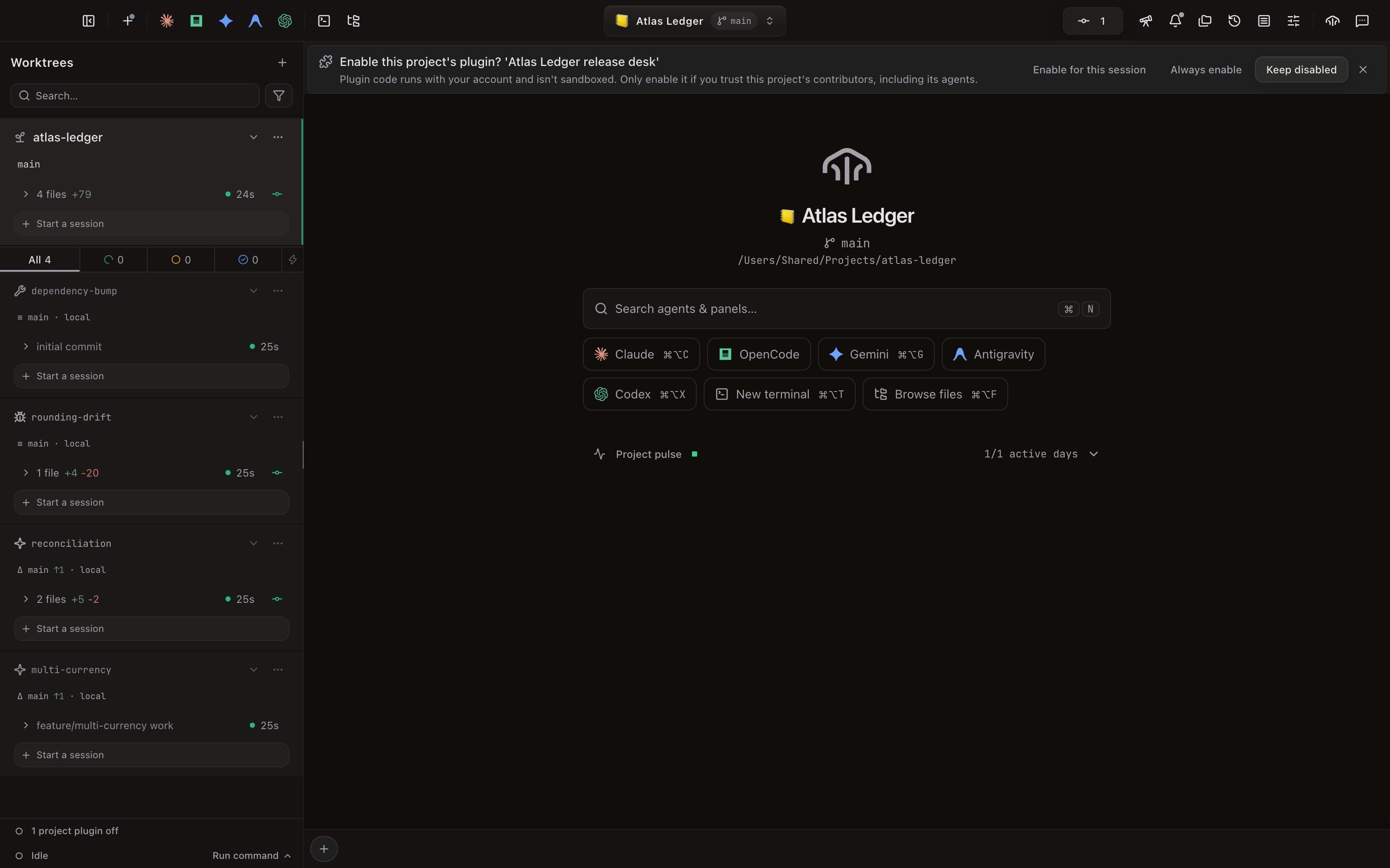 The Atlas Ledger workspace with a project plugin trust banner naming Atlas Ledger release desk. Its unsandboxed-code explanation appears beside Enable for this session, Always enable, and Keep disabled.
