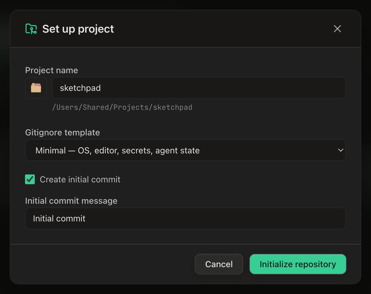The Set up project dialog. A Project name field reads sketchpad with an emoji button beside it and the path /Users/Shared/Projects/sketchpad underneath, then a Gitignore template select showing ‘Minimal — OS, editor, secrets, agent state’, a checked Create initial commit checkbox, and an Initial commit message field containing ‘Initial commit’. Cancel and Initialize repository buttons sit in the footer.