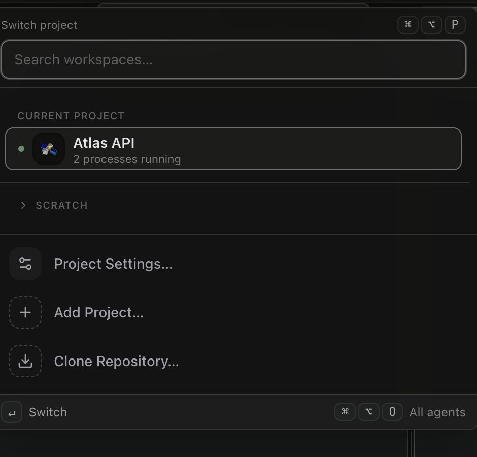 The project switcher open, showing labelled bands including Current project, Needs attention, Pinned and Other projects, each row carrying an emoji, a name and a status line
