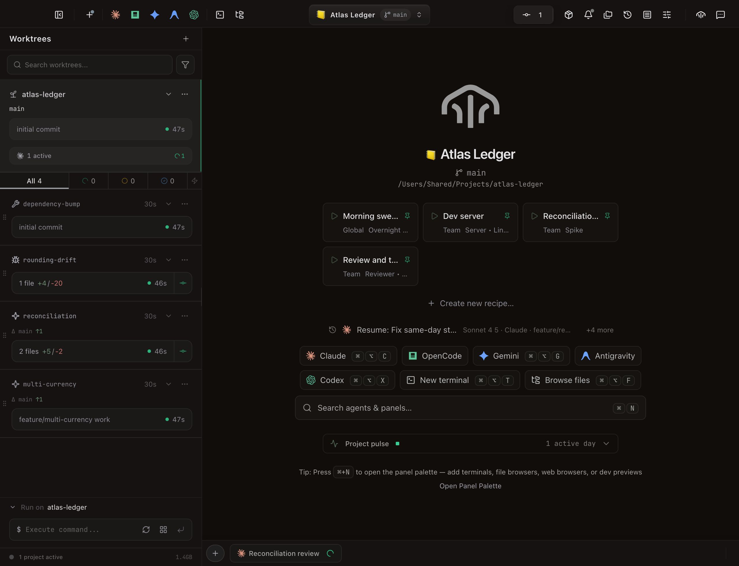 The Daintree window on a worktree with no panels open in the grid. The center column carries the Daintree mark above the project name Atlas Ledger, its branch main and the path /Users/Shared/Projects/atlas-ledger, then all five launcher sections: four pinned recipe cards — Morning swe… (Global), Dev server (Team), Reconciliatio… (Team) and Review and t… (Team) — above a Create new recipe… link; a single resume line reading Resume: Fix same-day st… with the subtitle Sonnet 4 5 · Claude · feature/re… and a +4 more link; quick-action chips for Claude, OpenCode, Gemini, Antigravity and Codex beside New terminal and Browse files, most carrying a keyboard chip, above the wide Search agents & panels… button; the collapsed Project pulse strip reading 1 active day; and a rotating tip about pressing Command+N to open the panel palette. The worktree sidebar is open on the left, and a running Reconciliation review agent sits docked in the bar along the bottom.