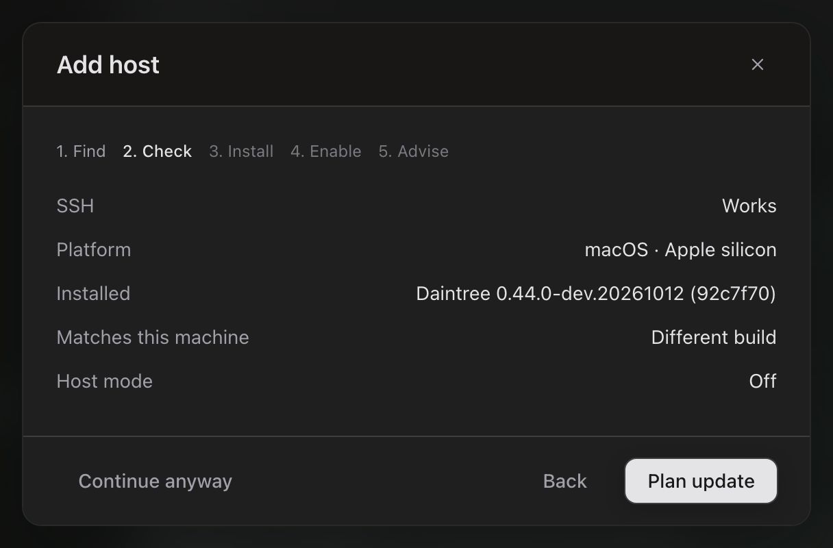 The Add host dialog on step 2, Check, for an Apple silicon Mac. SSH: Works. Platform: macOS · Apple silicon. Installed: Daintree 0.44.0-dev.20261012 (92c7f70). Matches this machine: Different build. Host mode: Off. Buttons: Continue anyway on the left, Back and Plan update on the right.