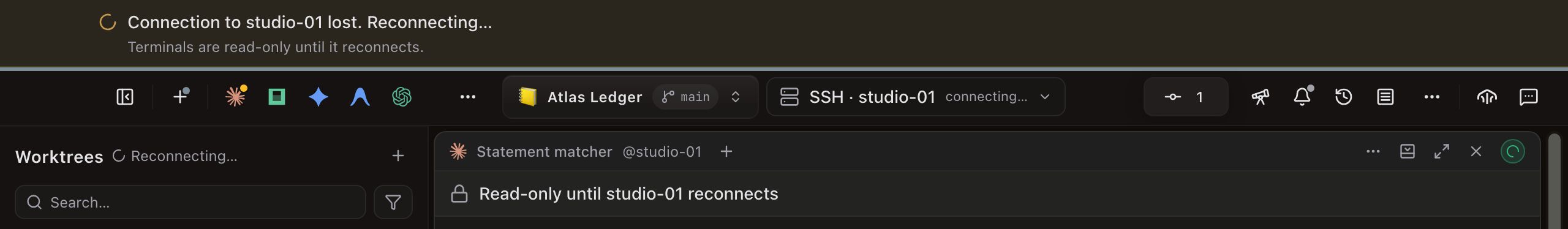 A banner with a spinner reads Connection to studio-01 lost. Reconnecting… and Terminals are read-only until it reconnects. The host chip reads SSH · studio-01 connecting…, the sidebar header shows Reconnecting…, and the Statement matcher @studio-01 panel shows a lock with Read-only until studio-01 reconnects.