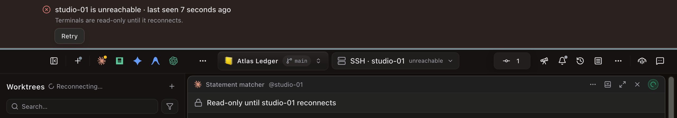 A red banner reads studio-01 is unreachable · last seen 7 seconds ago and Terminals are read-only until it reconnects, with a Retry button. The host chip reads SSH · studio-01 unreachable, the sidebar header shows Reconnecting…, and the Statement matcher @studio-01 panel reads Read-only until studio-01 reconnects.