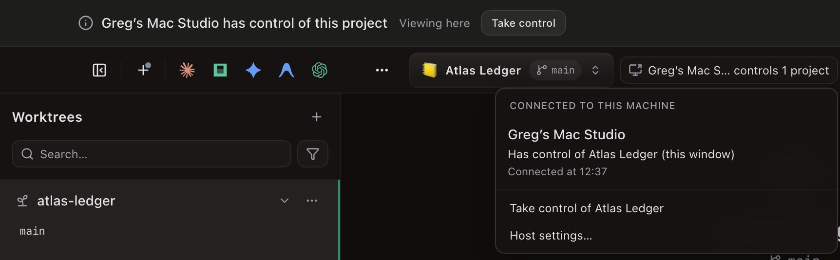 The host's own Daintree window. A banner reads Greg's Mac Studio has control of this project, then Viewing here, with a Take control button. In the toolbar, a pill reads Greg's Mac S… controls 1 project, and its menu is open: Connected to this machine; Greg's Mac Studio, Has control of Atlas Ledger (this window), Connected at 12:37; then Take control of Atlas Ledger and Host settings….