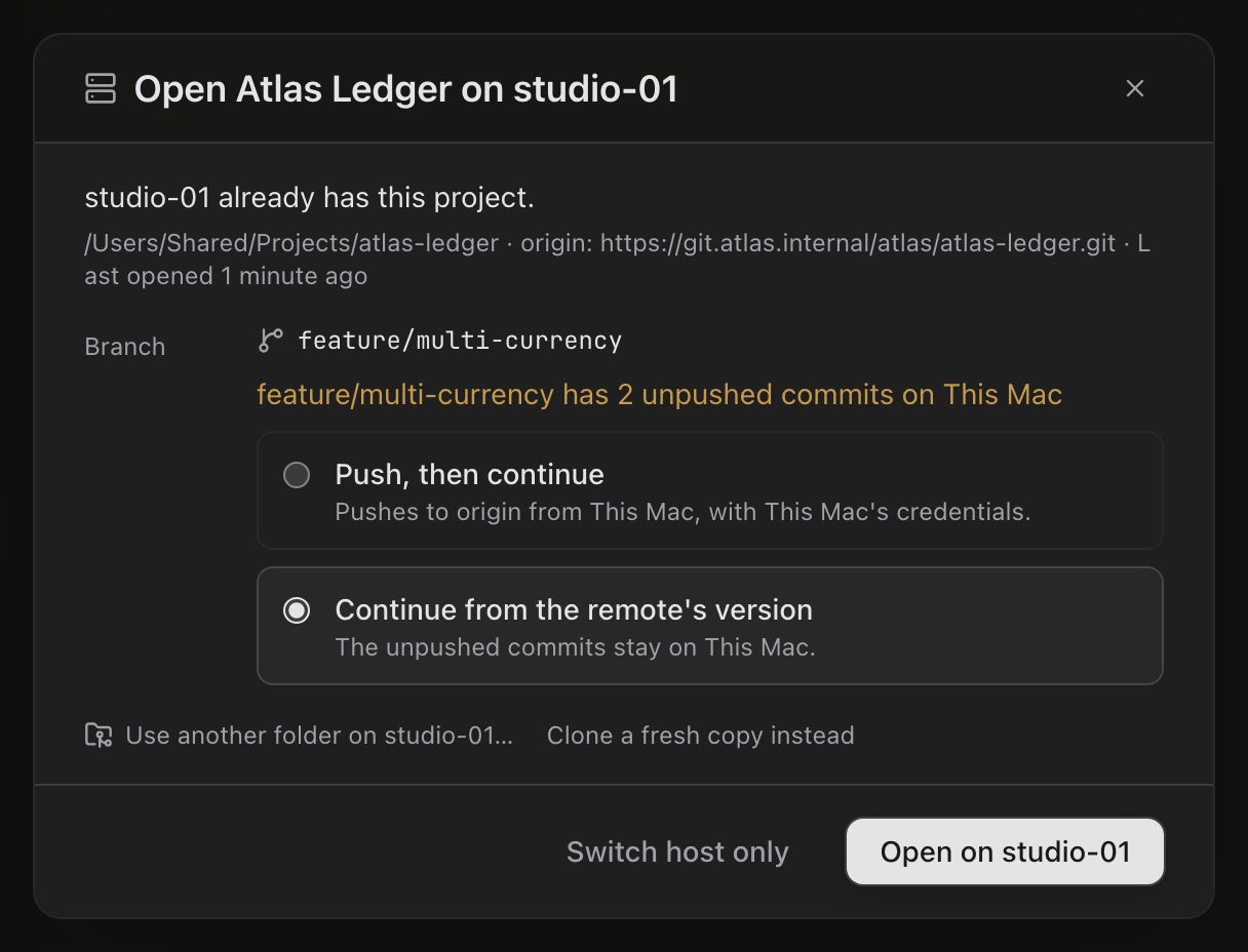 The dialog titled Open Atlas Ledger on studio-01. It reads studio-01 already has this project, at /Users/Shared/Projects/atlas-ledger with origin https://git.atlas.internal/atlas/atlas-ledger.git, last opened 1 minute ago. Branch: feature/multi-currency, with the warning feature/multi-currency has 2 unpushed commits on This Mac, and two choices: Push, then continue (Pushes to origin from This Mac, with This Mac's credentials), unselected, and Continue from the remote's version (The unpushed commits stay on This Mac), selected. Links: Use another folder on studio-01… and Clone a fresh copy instead. Buttons: Switch host only and Open on studio-01.