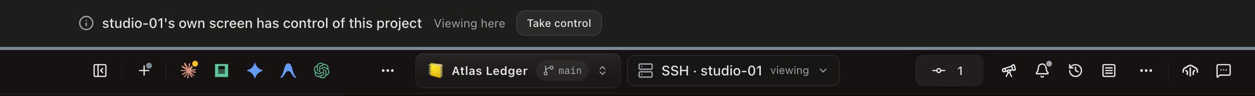 Above the toolbar, a banner reads studio-01's own screen has control of this project, then Viewing here, with a Take control button. In the toolbar, the host chip reads SSH · studio-01 viewing.