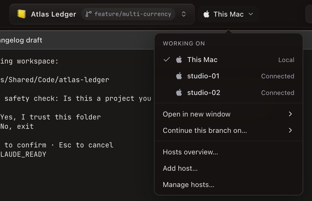 The host chip beside the Atlas Ledger project pill, on branch feature/multi-currency, reads This Mac with an Apple logo, and its menu is open. Under Working on: This Mac, checked and marked Local; studio-01, Connected; studio-02, Connected. Then the Open in new window and Continue this branch on… submenus, and Hosts overview…, Add host… and Manage hosts….
