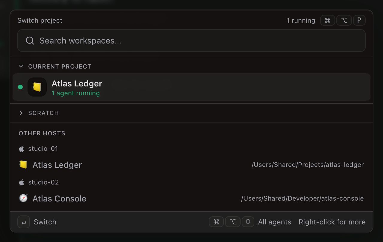 The project switcher, titled Switch project, with 1 running. Current project: Atlas Ledger, 1 agent running. A collapsed Scratch section. Other hosts: under studio-01, Atlas Ledger at /Users/Shared/Projects/atlas-ledger; under studio-02, Atlas Console at /Users/Shared/Developer/atlas-console.