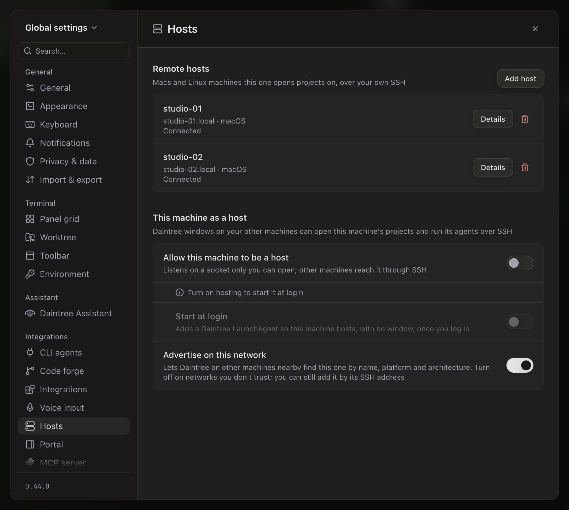 Settings on the Hosts tab, selected in the Integrations group of the sidebar. Remote hosts, with an Add host button, lists studio-01 and studio-02, each with its .local SSH target, macOS and Connected, and each with a Details button and a red trash icon. Below, This machine as a host has Allow this machine to be a host switched off, a note reading Turn on hosting to start it at login, Start at login grayed out, and Advertise on this network switched on.