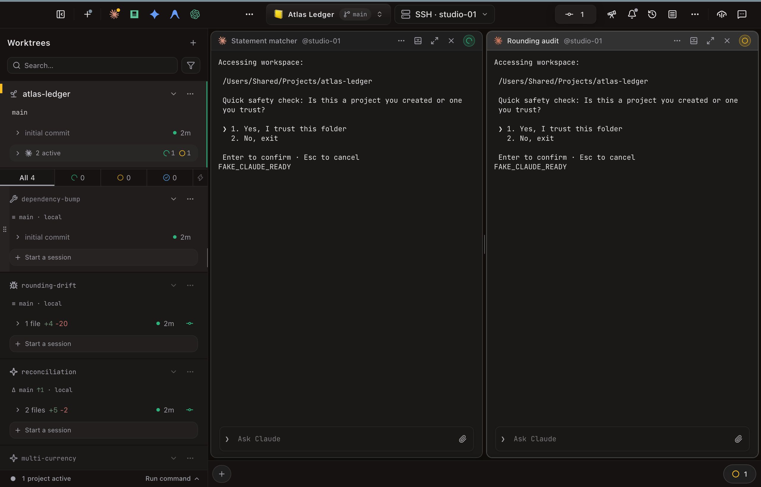A Daintree window running on a host. The toolbar shows the Atlas Ledger project on branch main and, beside it, a bordered pill with a server icon reading SSH · studio-01. The sidebar lists the atlas-ledger worktrees: main with 2 active agents, then dependency-bump, rounding-drift with 1 file changed, reconciliation one commit ahead with 2 files changed, and multi-currency. Two Claude agent panels fill the grid, titled Statement matcher @studio-01 with a working indicator and Rounding audit @studio-01 with a waiting indicator; both show a folder trust prompt for /Users/Shared/Projects/atlas-ledger.