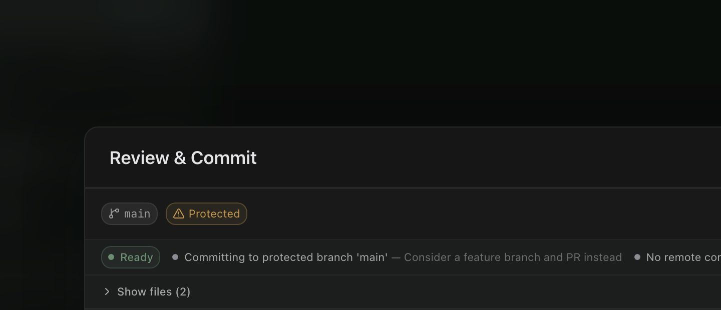 The Review Hub header showing the monospace branch pill, an amber Protected chip, a PR chip with its number and a green CI check, the open-in-browser button, and the Working tree / vs main toggle, with the merge-readiness rail beneath it