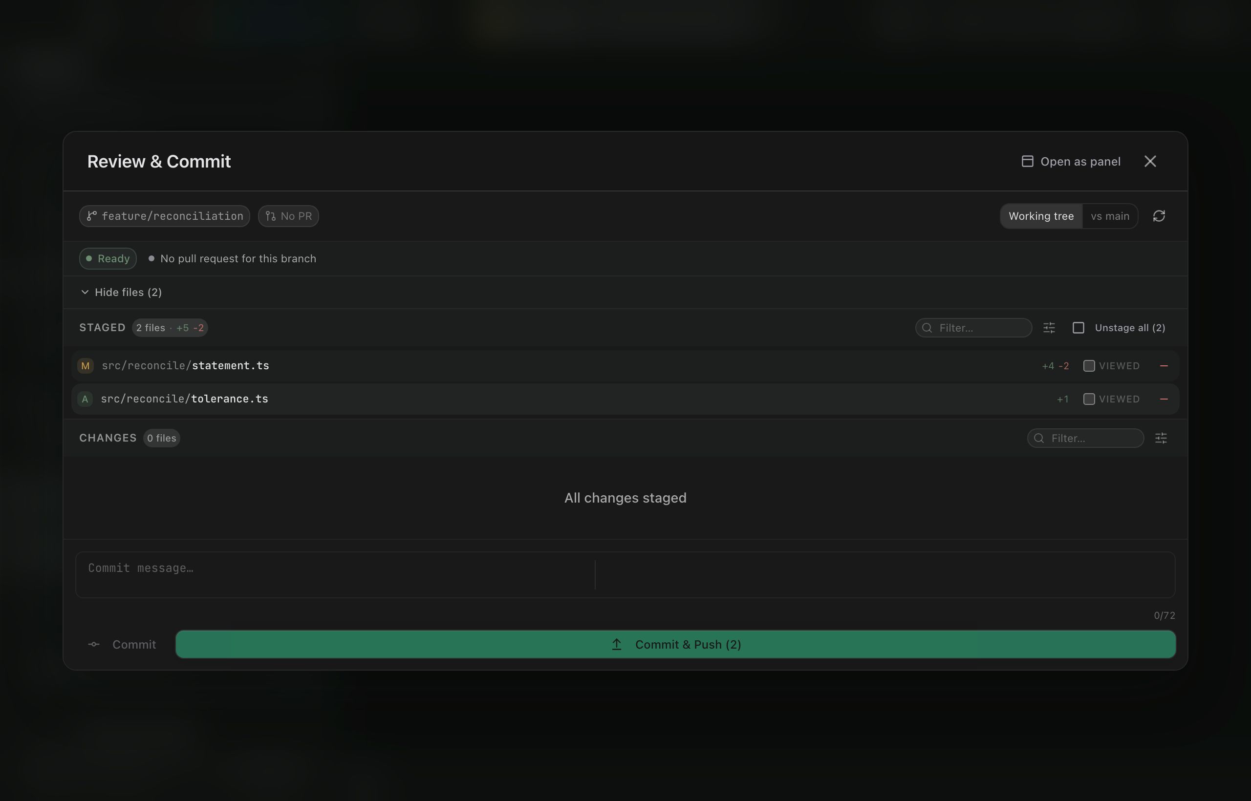 Review Hub in working-tree mode with a staged section above an unstaged Changes section, status badges and churn counts on each row, and the commit composer with Commit and Commit and Push buttons at the bottom