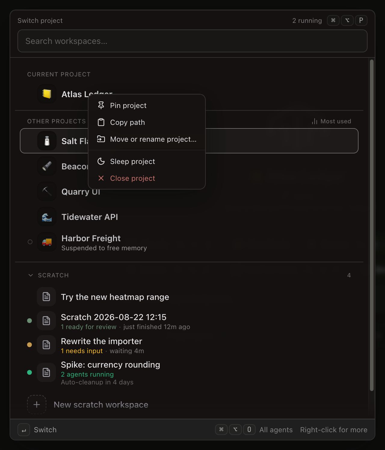 The project switcher with a right-click menu open on Atlas Ledger, the row under Current project: Pin project, Copy path, Move or rename project…, then Sleep project behind a crescent-moon icon, and Close project in red at the bottom — Close is offered here because this is the open project. The menu hangs down over the Other projects band, where Salt Flats is the highlighted row. Lower in the same list, Harbor Freight is dimmed to a hollow status dot and reads ‘Suspended to free memory’.