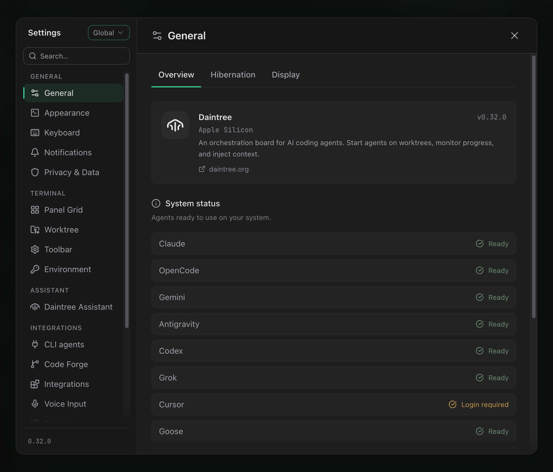 The Settings dialog sidebar showing all five global groups (General, Terminal, Assistant, Integrations, and Support) with their tabs expanded.
