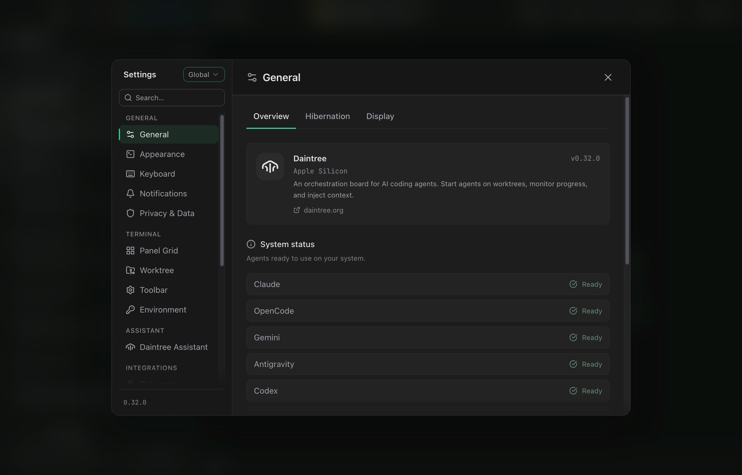 The Settings dialog. The sidebar header carries a scope switcher reading Global above a search field, then the nav groups: General, Terminal, Assistant and the start of Integrations, with Support below the fold. General is selected, and its Overview tab on the right shows the version card and a System status list of agents each marked Ready.