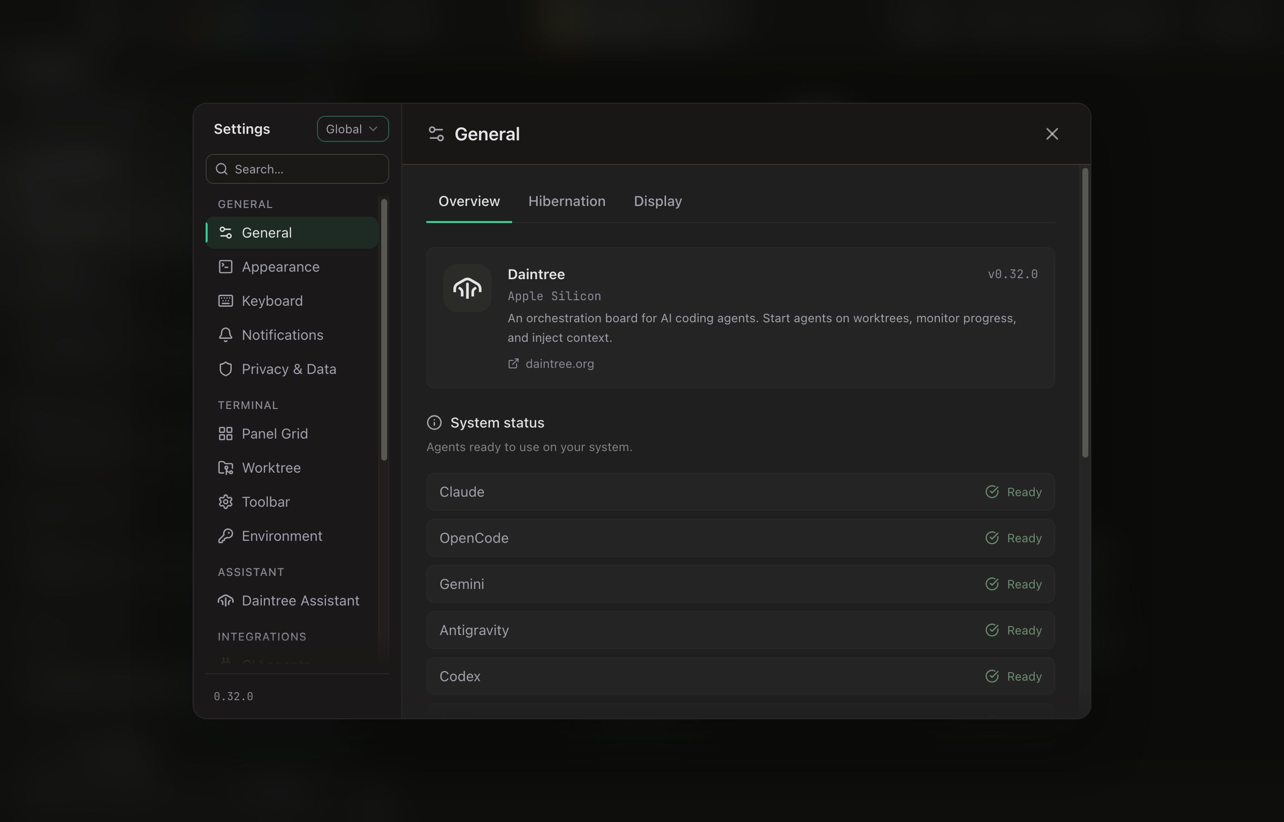 The Settings dialog. The sidebar header carries a scope switcher reading Global above a search field, then the nav groups: General, Terminal, Assistant and the start of Integrations, with Support below the fold. General is selected, and its Overview tab on the right shows the version card and a System status list of agents each marked Ready.