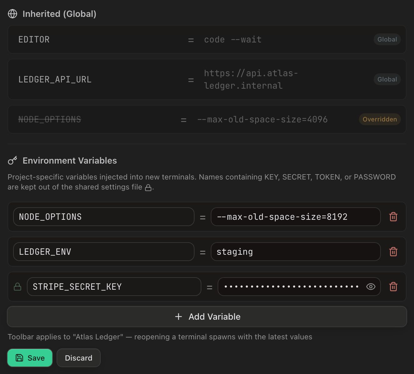 The project Variables tab: a read-only Inherited (Global) block listing EDITOR and LEDGER_API_URL with Global pills and a struck-through NODE_OPTIONS with an amber Overridden pill, above an editable Environment Variables block holding NODE_OPTIONS, LEDGER_ENV and a masked STRIPE_SECRET_KEY, with Save and Discard beneath