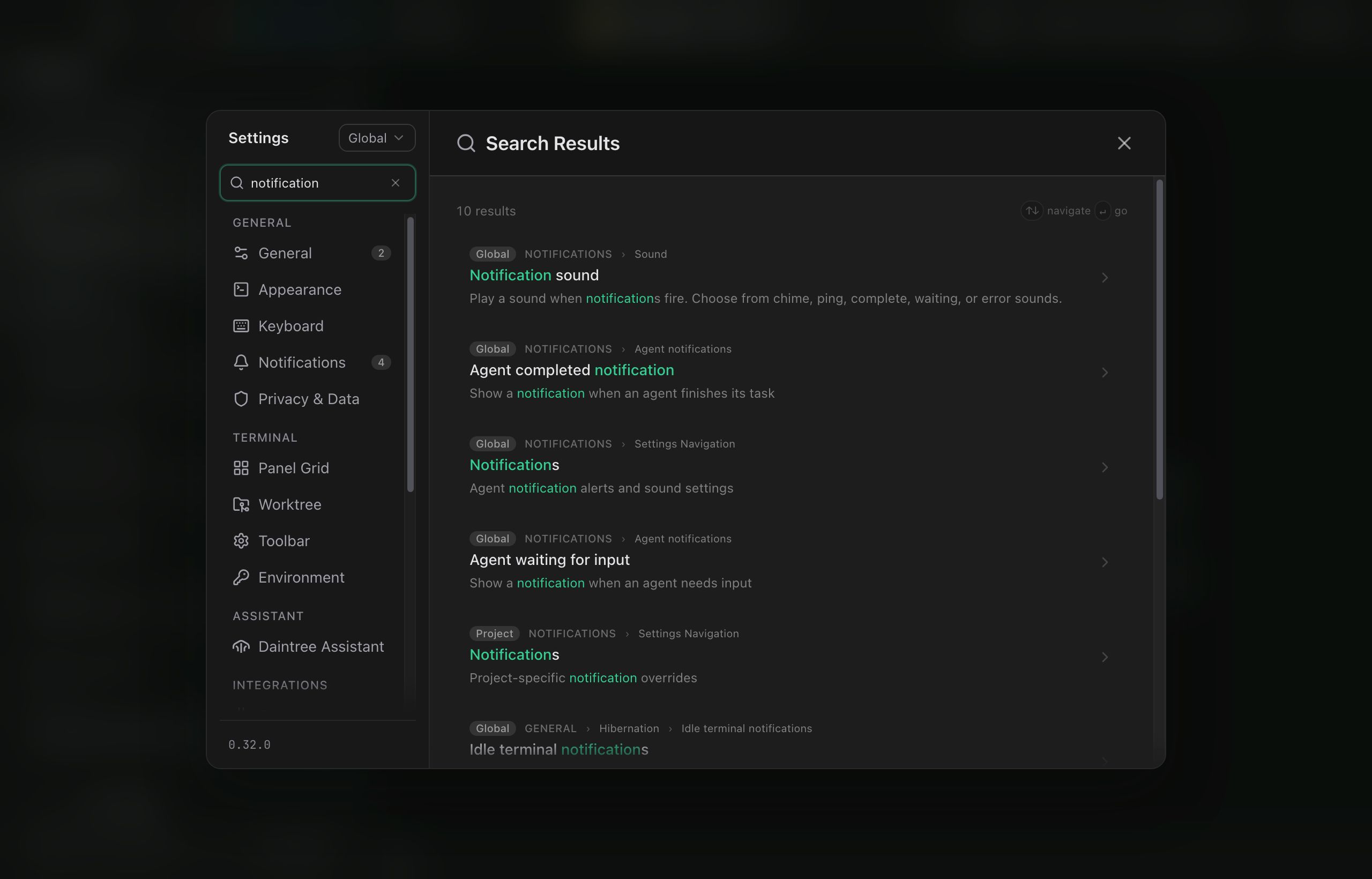 Settings search results for 'notification': ten results, with match count badges on the General and Notifications sidebar tabs and result cards each carrying a Global or Project scope chip.