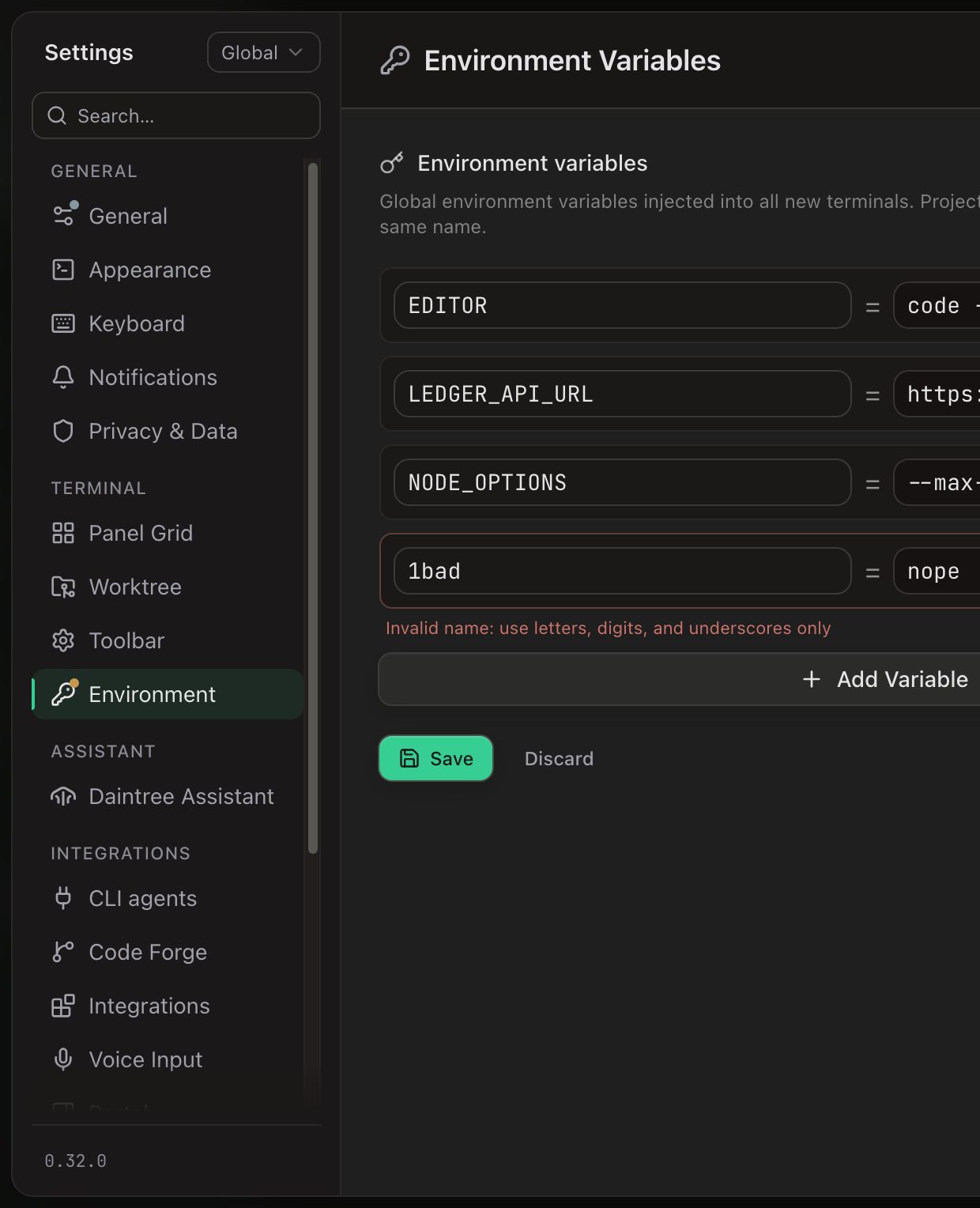 The Settings sidebar with an amber dot on the Environment tab's key icon. The Environment Variables panel beside it lists EDITOR, LEDGER_API_URL and NODE_OPTIONS, then a fourth row named 1bad outlined in red, with the message ‘Invalid name: use letters, digits, and underscores only’ below it and unsaved Save and Discard buttons underneath.